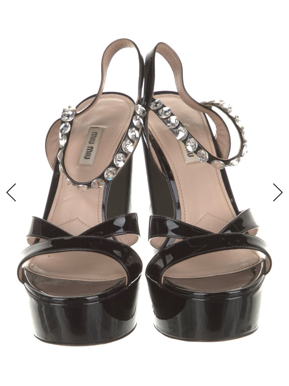 Miu Miu Black Patent Platform Slingback Sandals with Crystal-Embellished Strap
